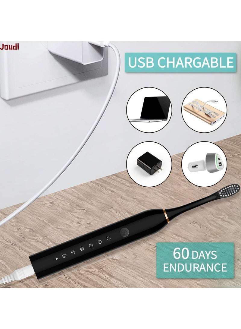 Joudi Electric Toothbrushes, USB Rechargeable Ultrasonic Tooth Brush with 4 Brush Heads 6 Cleaning Modes and Smart Timer IPX7 Waterproof Cleaning Toothbrushes for Adults and Kids（Black） - Image 4